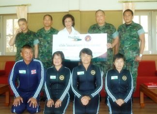 Charlotte Donavanik (back row, 3rd left), chief spokeswoman for Thai Beverage Co., donates 800,000 baht to Lt. Pongsak Phuriroj, director of the navy’s skydiving team.